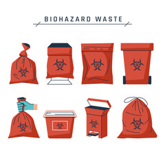 Biohazard waste, set of vector red bags