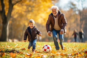 Happy grandfather and grandson playing football in autumn park