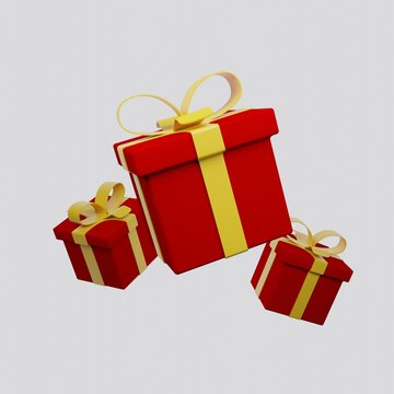 3d render gift box with ribbon present package. 3d illustration. Celebration concept image icon. Red with yellow