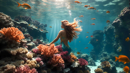 Beautiful mermaid in an underwater world among corals and fish.