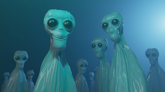 Aliens with a big eyes in a blue background - creepy conceptual illustration