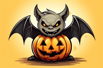 scary drawn bat in a pumpkin on a yellow background