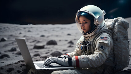 Young female astronaut working on a laptop while sitting on the moon. - obrazy, fototapety, plakaty