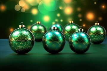 green christmas balls on background with bokeh
