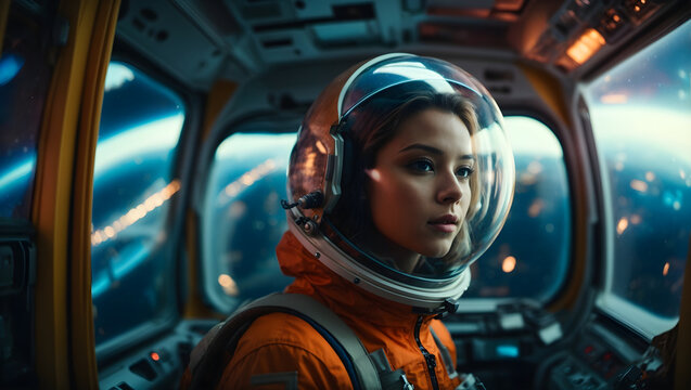 A female astronaut wearing an orange suit and helmet and sitting in a  cockpit on the background of the planet Earth.