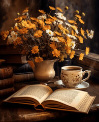 Naklejka premium Still life with a bouquet of yellow flowers, books and a cup of coffee. Generative AI.