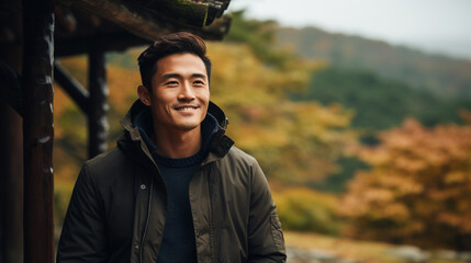 A Handsome Asian Man Enjoying His Vacation at a Mountain Retreat