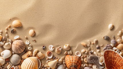 Fototapeta na wymiar Shells on the sand, top view, place for text. Generative AI .banner, background, wallpaper, packaging