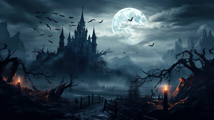 Haunted castle, old scary gothic mansion at Halloween night in forest
