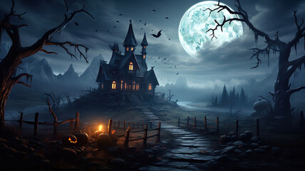 Fototapeta na wymiar Spooky haunted house, old wooden mansion at Halloween night in forest