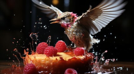 ajouter un oiseau qui vient voler une framboise en haut du gâteau, hyper réaliste, photographie