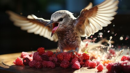 ajouter un oiseau qui vient voler une framboise en haut du gâteau, hyper réaliste, photographie