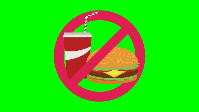 Appearance and disappearance animation of fast food menu ban consisting of burger and soda on blue background, green background, transparency and white background in flat design style