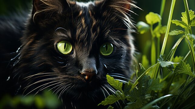 A graceful ebony cat with eyes resembling lush green gems, poised upon a carpet of vibrant green grass, best quality, extremely detailed