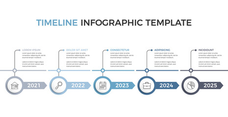 Fototapeta premium Horizontal timeline infographics template with five arrows with place for icons, dates and text, vector eps10 illustration