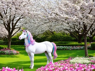 Unicornsnow white unicorn with a pink mane and tail in a spring flowering garden a magical garden. Generative AI