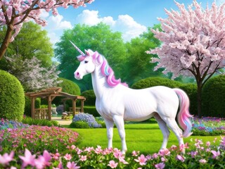 Unicornsnow white unicorn with a pink mane and tail in a spring flowering garden a magical garden. Generative AI