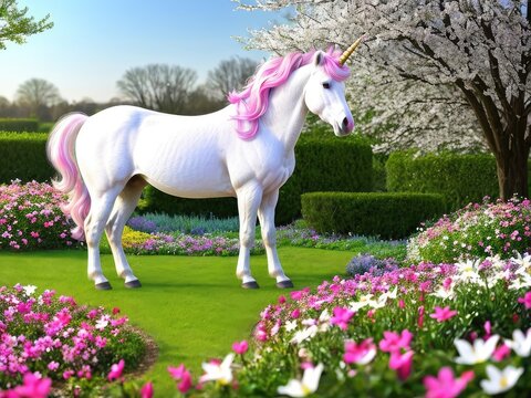 Unicornsnow white unicorn with a pink mane and tail in a spring flowering garden a magical garden. Generative AI