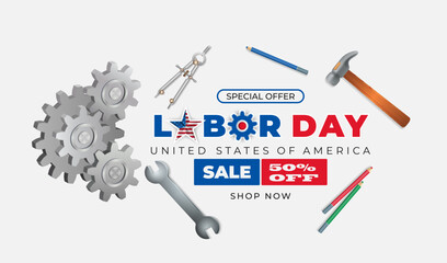 Holidays, design background with gear mechanism, different tools and accessories and national flag colors for American, Labor day, sales, commercial event; Vector illustration