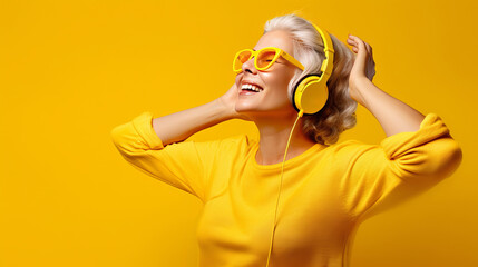 Old woman listening to music with headphones on a yellow background
