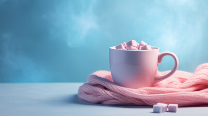 Fototapeta na wymiar A cup of hot cocoa with marshmallows, steaming on a pink scarf against a blue background, evoking a cozy winter feeling