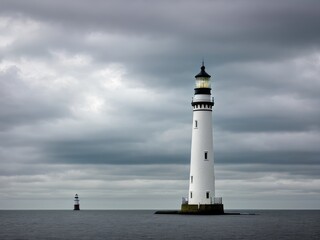 Tall lighthouse at the north sea under a cloudy sky. Generative AI