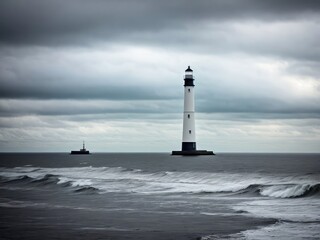 Obraz premium Tall lighthouse at the north sea under a cloudy sky. Generative AI
