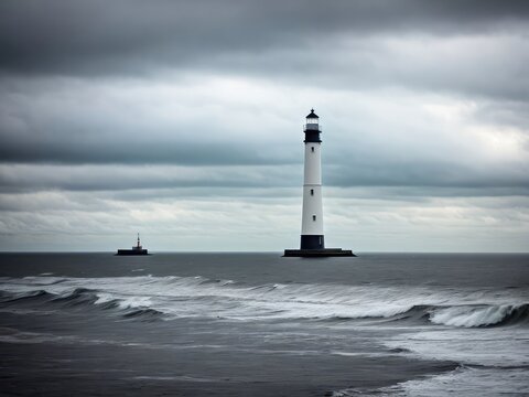 Tall lighthouse at the north sea under a cloudy sky. Generative AI