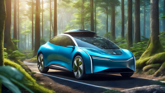 eco car on forest road passing through nature ecosystem, ecology and healthy, environment concept, generative ai	