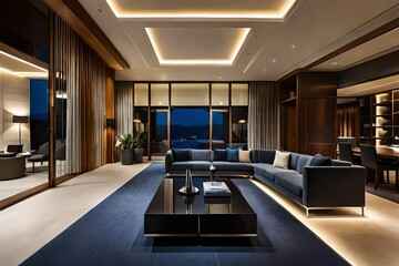 Illuminated luxury modern house interior at night.