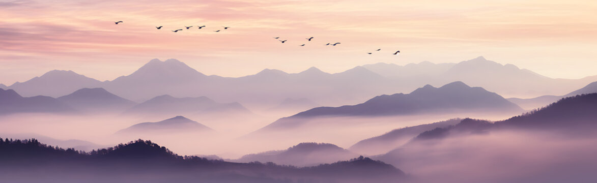 Landscape of sunset in the mountain with pink cloud details and birds flying