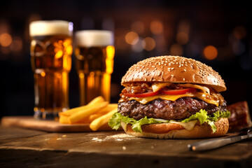 Food photography, close-up of hamburger and beer, blurred background, high definition, restaurant, bar, soccer night. Ai generated.