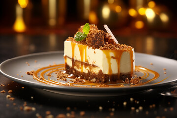 Food photography, close-up of caramel seasalt oreo cheesecake with flakes of edible gold, white plate, silverware, blurred background, ai generated art.