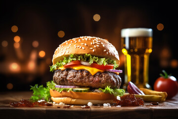 Food photography, close-up of hamburger and beer, blurred background, high definition, restaurant, bar, soccer night. Ai generated.