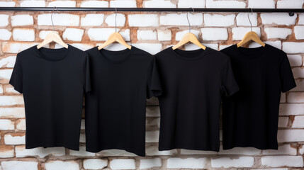 Black t-shirt hanging on a hanger against brick wall, front view.