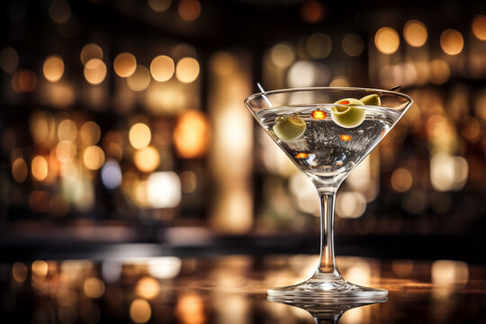 Food photography, close-up of Martini, Cocktails blurred background, restaurant, bar, alcohol, beverage, ai generated art.