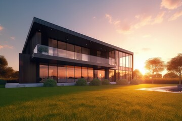Fototapeta na wymiar Luxury modern house on grass with sunset background