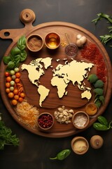 World Vegetarian Day. kitchen board with a map of the world, with a set of seasonings and products for vegetarian dishes. top view