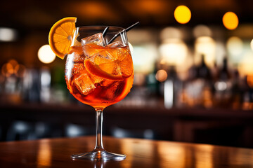 Food photography, editorial photography, close-up of Aperol Spritz Cocktail, blurred background. Ai Generated Content