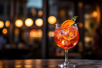 Food photography, editorial photography, close-up of Aperol Spritz Cocktail, blurred background. Ai Generated Content