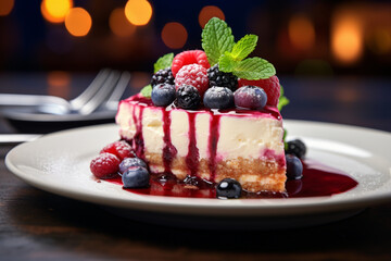 CHEESECAKE FRUTTI DI BOSCO, blurred background, high definition, food photography, desert, yummy, Ai generated, generative Art.