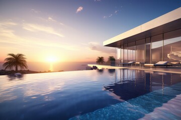 Luxury modern house on grass with sunset background