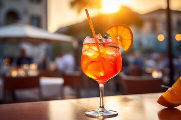 Food photography, editorial photography, close-up of Aperol Spritz Cocktail, blurred background. Ai Generated Content