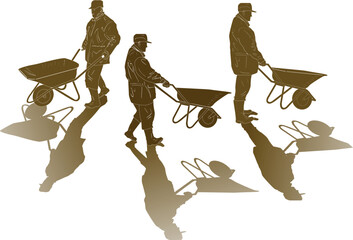 worker with wheelbarrow three brown silhouettes on white
