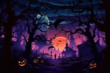 Halloween pumpkins in night on cemetery.haunted castle in full moon flyers and postcards for parties