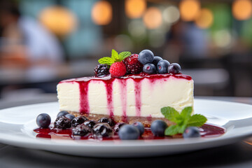 CHEESECAKE FRUTTI DI BOSCO, blurred background, high definition, food photography, desert, yummy, Ai generated, generative Art.