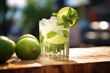 Food photography, editorial photography, close-up of Caipirinha Cocktail, blurred background, drinks, beverage, alcohol. Ai generated content.