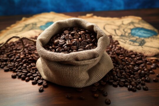 International Coffee Day. a small bag with coffee beans made of rough burlap on a wooden table with a map of the world. top view.