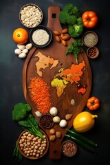 World Vegetarian Day. kitchen board with a set of seasonings and products for vegetarian dishes. top view