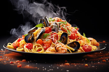 Food photography, editorial photography, close-up of spaghetti ai frutti di mare, delicious italian pasta, mussels, shrimps, squid, clams, seafood, white blurred background, ai generated, AI.